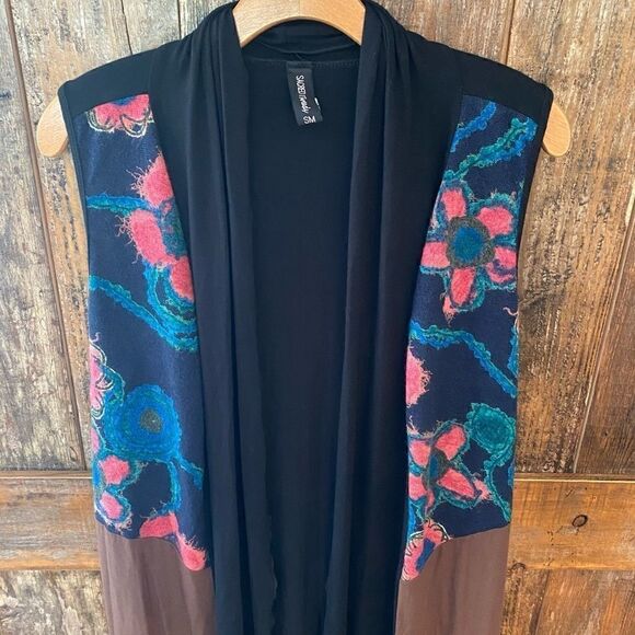 Sacred Threads S/M Black Teal BOHO Floral Fabric Lagenlook Sleeveless Duster - Picture 4 of 13